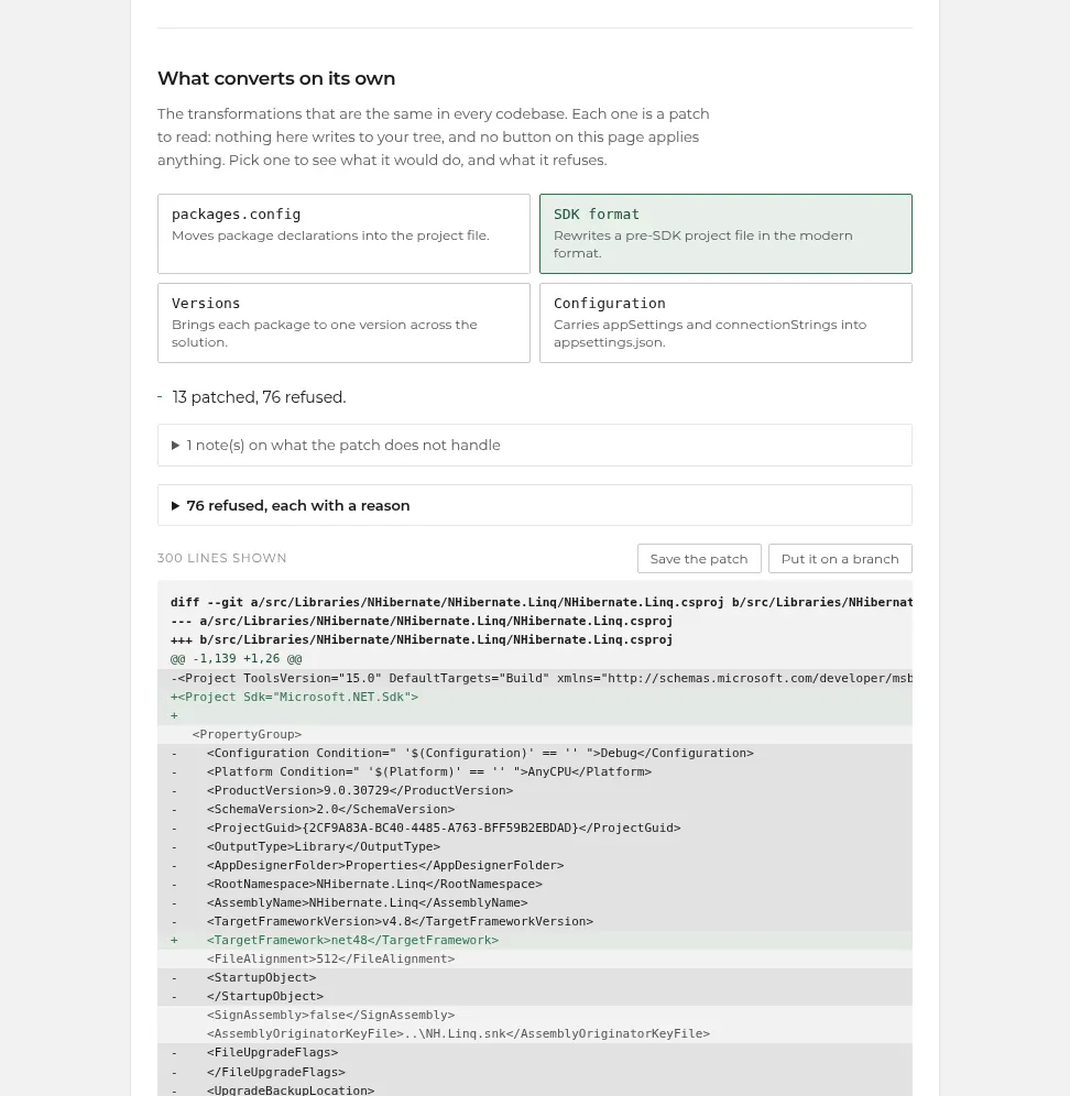 The SDK conversion in the browser: thirteen projects converted, seventy-six refused with reasons, and the patch as a diff